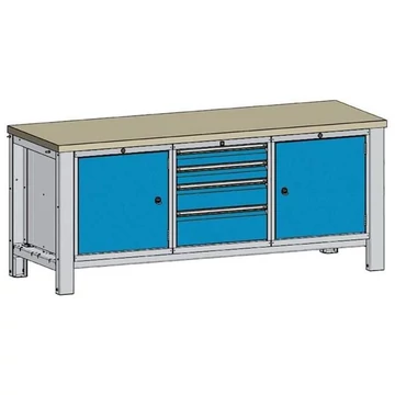 Műhelyasztal TECHNO, hármas modul, szélesség 2000 mm, 4 fiók, 2 szekrény, színe világosszürke RAL7035 / kék RAL5012.