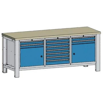 Műhelyasztal TECHNO, hármas modul, szélesség 2000 mm, 11 fiók, 2 szekrény, színe világosszürke RAL7035 / kék RAL5012.