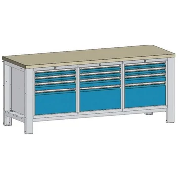 Műhelyasztal TECHNO, háromrészes modul, szélesség 2000 mm, 12 fiók, színe világosszürke RAL7035 / kék RAL5012.