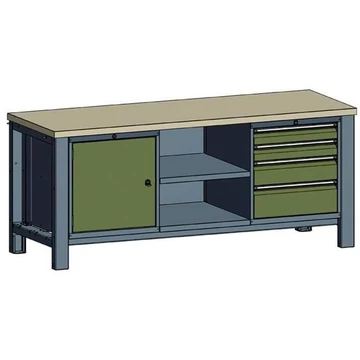 Műhelyasztal TECHNO, háromrészes modul, szélesség 2000 mm, 4 fiók, szekrény, szín antracit RAL7016 / zöld RAL6011.