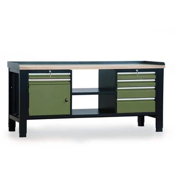 Műhelyasztal TECHNO, hármas modul, szélesség 2000 mm, 6 fiók, szekrény, szín antracit RAL7016 / zöld RAL6011.