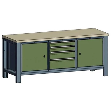 Műhelyasztal TECHNO, hármas modul, szélesség 2000 mm, 4 fiók, 2 szekrény, szín antracit RAL7016 / zöld RAL6011.