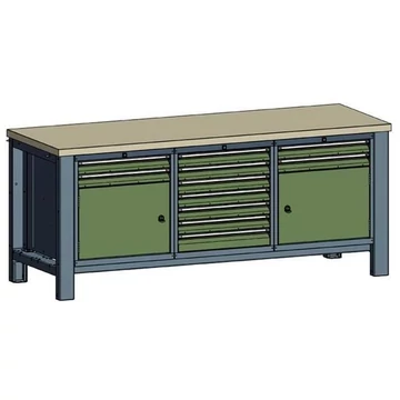 Műhelyasztal TECHNO, hármas modul, szélesség 2000 mm, 11 fiók, 2 szekrény, antracit színű RAL7016 / zöld RAL6011.