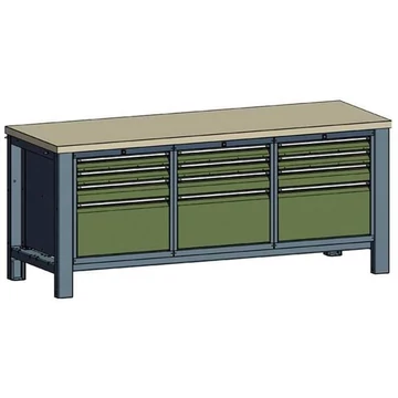 Műhelyasztal TECHNO, háromrészes modul, szélesség 2000 mm, 12 fiók, szín antracit RAL7016 / zöld RAL6011.