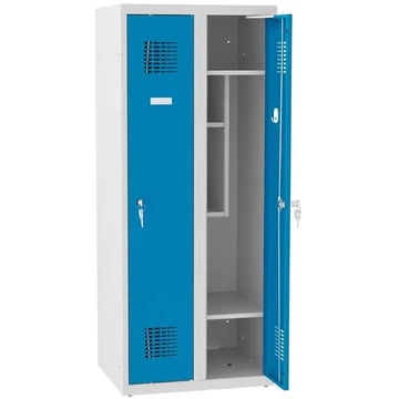 Ruhásszekrény iskolásoknak, szélesség x mélység x magasság: 600x500x1450 mm, forgatható zár, test szürke RAL7035 / ajtó színe kék RAL5012