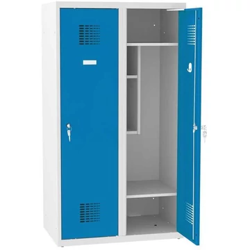 Iskolai öltözőszekrény, szélesség x mélység x magasság: 800x500x1450 mm, forgatható zár, test szürke RAL7035 / ajtó színe kék RAL5012
