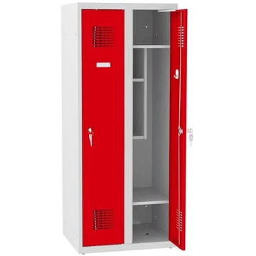 Ruhásszekrény iskolásoknak, sz x mé x ma: 600x500x1450 mm, forgóreteszes zár, vázszerkezet szürke RAL7035 / ajtó színe piros RAL3020