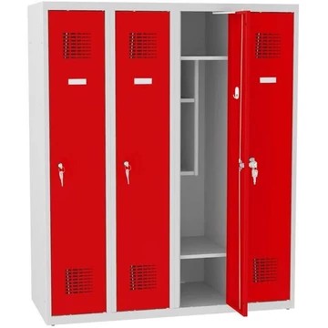 Iskolai öltözőszekrény, sz x mé x ma: 1200x500x1450 mm, elfordítható csavarzár, vázszerkezet szürke RAL7035 / ajtó színe piros RAL3020