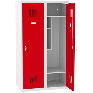 Szekrény iskolásoknak, szélesség x mélység x magasság: 800x500x1450 mm, forgóreteszes zár, test szürke RAL7035 / ajtó színe piros RAL3020