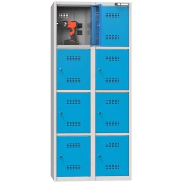 Töltőszekrény, 8 rekeszes, hengerzárak, ma x sz x mé: 1850x800x500 mm, szín szürke RAL7035 / kék RAL5012