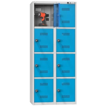 Töltőszekrény, 8 rekeszes, érme zárak, ma x sz x mé: 1850x800x500 mm, szín szürke RAL7035 / kék RAL5012