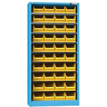 Raktárszekrény ajtók nélkül 1950 x 950 x 400 mm, 9 x polc, 40 x doboz 204 x 350 x 150 mm, szín kék RAL5012