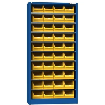 Raktárszekrény ajtók nélkül 1950 x 950 x 400 mm, 9 x polc, 40 x doboz 204 x 350 x 150 mm, sötétkék színű RAL5010