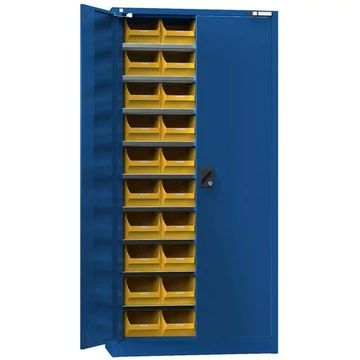 Raktárszekrény ajtókkal 1950 x 950 x 400 mm, 9 x polc, 40 x doboz 204 x 350 x 150 mm, sötétkék színű RAL5010