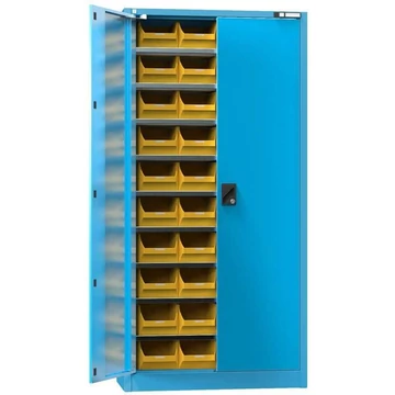 Raktárszekrény ajtókkal 1950 x 950 x 400 mm, 9 x polc, 40 x doboz 204 x 350 x 150 mm, szín kék RAL5012