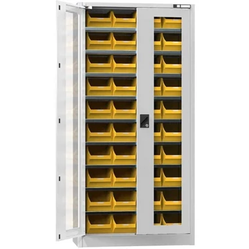 Raktárszekrény, üvegezett ajtók, 1950 x 950 x 400 mm, 9 x polc, 40 x doboz 204 x 350 x 150 mm, szín világosszürke RAL7035