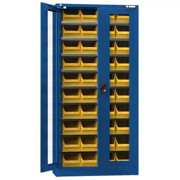 Raktárszekrény, üvegezett ajtók, 1950 x 950 x 400 mm, 9 x polc, 40 x doboz 204 x 350 x 150 mm, sötétkék színű RAL5010