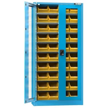 Raktárszekrény, üvegezett ajtók, 1950 x 950 x 400 mm, 9 x polc, 40 x doboz 204 x 350 x 150 mm, szín: kék RAL5012