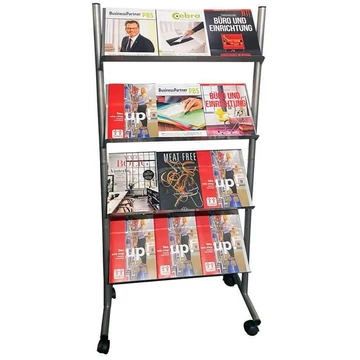 Prospektus állvány, mobil, kapacitása 12xA4, 1540x735x355 mm