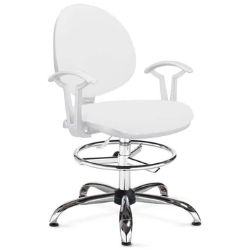 SMART laboratóriumi forgószék, magas kivitel, lábtartó gyűrűvel és kartámaszokkal, fehér szintetikus bőr