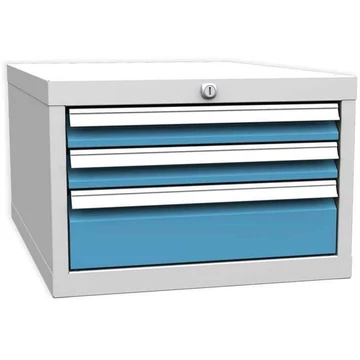 Függő, asztallap alatti szekrény munkapadokhoz, 3 fiók (2x 60, 1x 120), szürke színű RAL7035 / kék RAL5012