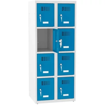 8 rekeszes szekrény, szélesség x mélység x magasság: 600x500x1450 mm, hengerzár, vázszerkezet szürke RAL7035 / ajtó színe kék RAL5012