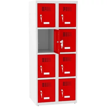 Szekrény 8 rekesszel, szélesség x mélység x magasság: 600x500x1450 mm, hengerzár, vázszerkezet szürke RAL7035 / ajtó színe piros RAL3020
