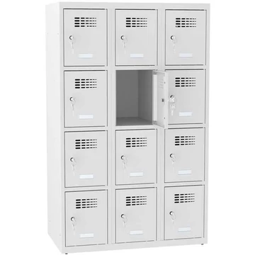 Rövidajtós öltözőszekrény 12 rekesszel, szélesség x mélység x magasság: 900x500x1450 mm, hengerzár, vázszerkezet szürke RAL7035 / ajtó színe szürke RAL7035