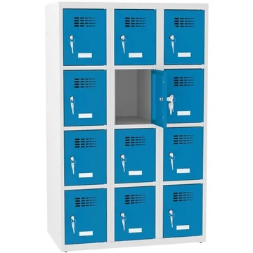 Rövidajtós öltözőszekrény 12 rekesszel, szélesség x mélység x magasság: 900x500x1450 mm, hengerzár, vázszerkezet szürke RAL7035 / ajtó színe kék RAL5012