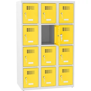 Rövidajtós öltözőszekrény 12 rekesszel, szélesség x mélység x magasság: 900x500x1450 mm, hengerzár, vázszerkezet szürke RAL7035 / ajtó színe sárga RAL1023
