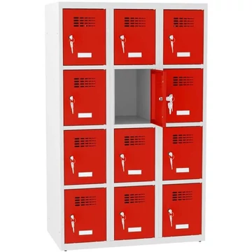 Rövidajtós öltözőszekrény 12 rekesszel, szélesség x mélység x magasság: 900x500x1450 mm, hengerzár, vázszerkezet szürke RAL7035 / ajtó színe piros RAL3020
