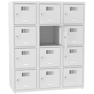 Rövidajtós öltözőszekrény 12 rekesszel, szélesség x mélység x magasság: 1200x500x1450 mm, hengerzár, vázszerkezet szürke RAL7035 / ajtó színe szürke RAL7035