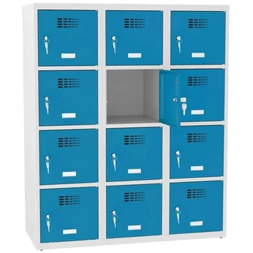 Rövidajtós öltözőszekrény 12 rekesszel, szélesség x mélység x magasság: 1200x500x1450 mm, hengerzár, vázszerkezet szürke RAL7035 / ajtó színe kék RAL5012