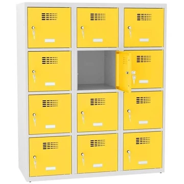 Rövidajtós öltözőszekrény 12 rekesszel, szélesség x mélység x magasság: 1200x500x1450 mm, hengerzár, vázszerkezet szürke RAL7035 / ajtó színe sárga RAL1023