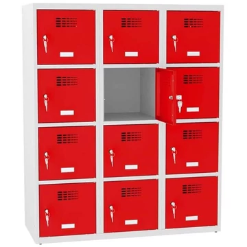 Rövidajtós öltözőszekrény 12 rekesszel, szélesség x mélység x magasság: 1200x500x1450 mm, hengerzár, vázszerkezet szürke RAL7035 / ajtó színe piros RAL3020