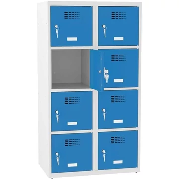8 rekeszes szekrény, szélesség x mélység x magasság: 800x500x1450 mm, hengerzár, vázszerkezet szürke RAL7035 / ajtó színe kék RAL5012