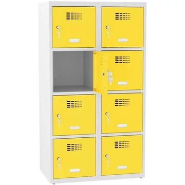 8 rekeszes szekrény, szélesség x mélység x magasság: 800x500x1450 mm, hengerzár, vázszerkezet szürke RAL7035 / ajtó színe sárga RAL1023