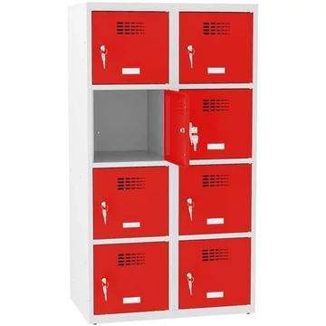 Szekrény 8 rekesszel, szélesség x mélység x magasság: 800x500x1450 mm, hengerzár, vázszerkezet szürke RAL7035 / ajtó színe piros RAL3020