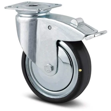 Beálló szállítógörgő fékkel, elektromosan vezetőképes, csavarozható lemezzel, teherbírása 100 kg