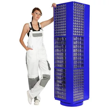 Forgatható állvány bármely 12 fiókos műanyag tárolóhoz, 1780 mm magasságú, kék színű.