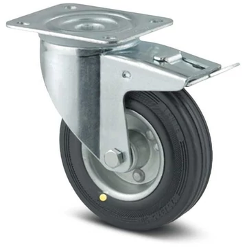 Beálló szállítógörgő fékkel, elektromosan vezetőképes, csavarozható lemezzel, teherbírása 135 kg