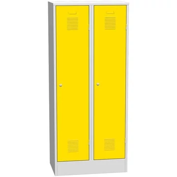 Szekrény, hegesztett, 2 x 400 mm, ajtó színe sárga RAL1023, talppal