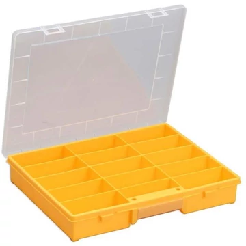 Kisméretű alkatrészeket tartalmazó doboz 370 x 295 x 60 mm, sárga, 15 fix rekesz, 6 db.
