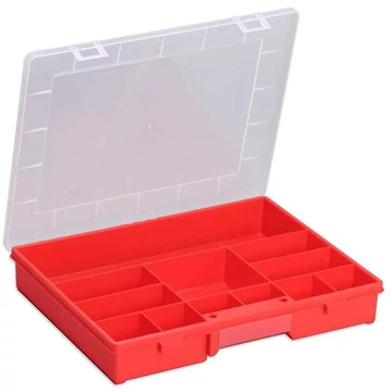 Kisméretű alkatrészeket tartalmazó doboz 370 x 295 x 60 mm, piros, 12 rögzített rekesz, 6 db.