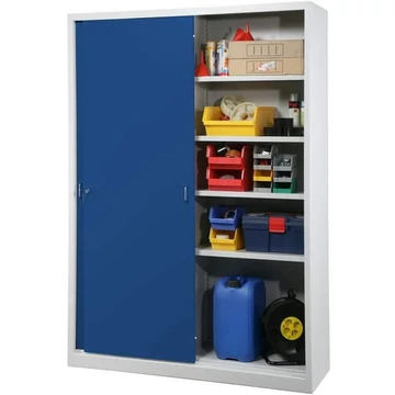 Tolóajtós acélszekrény, ma x sz x mé: 1990 x 1400 x 435 mm, szín világosszürke RAL 7035 / kék RAL5010