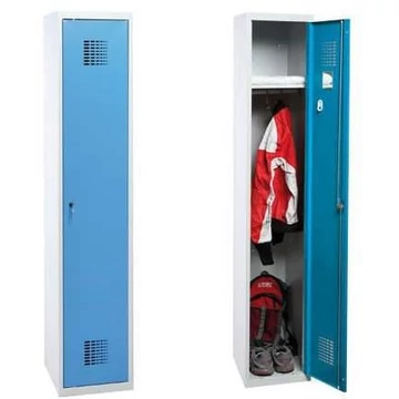 WEMO gardróbszekrény, hegesztett, 1 x 300 mm, ajtó színe kék RAL5012, láb nélkül, forgatható csavarzár hárompontos reteszeléssel