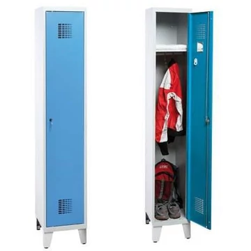 WEMO gardróbszekrény, hegesztett, 1 x 300 mm, ajtó színe kék RAL5012, lábbal, hárompontos hengerzárral