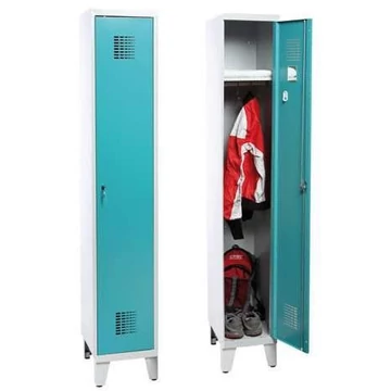 WEMO gardróbszekrény, hegesztett, 1 x 300 mm, ajtó színe zöld RAL5018, lábbal, forgóreteszes zár hárompontos reteszeléssel