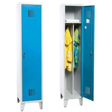 WEMO gardróbszekrény, hegesztett, 1 x 400 mm, ajtó színe kék RAL5012, lábbal, hárompontos hengerzárral