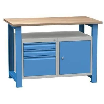 Munkaasztal, szélesség x mélység x magasság: 1200x700x827 mm, kék RAL5012, 3 fiók, 1 szekrény